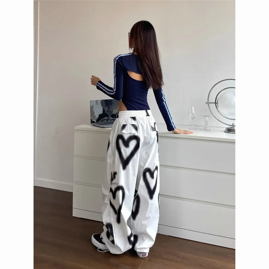 Pantalones Anchos Love Graffiti Mujer | Jogger Y2K Cintura Alta Elástica Streetwear Coreano