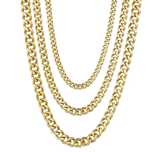 Collar Cadena Cubana de Acero Inoxidable Unisex - 3.5MM 5MM 7MM en Negro y Dorado