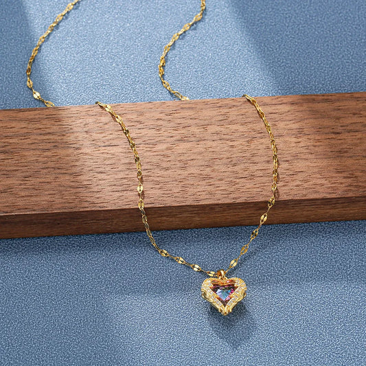 Collar Corazón Oceánico con Cristales de Colores | Joyería de Acero Inoxidable 316L para Mujer | Collar Elegante de Boda o Fiesta