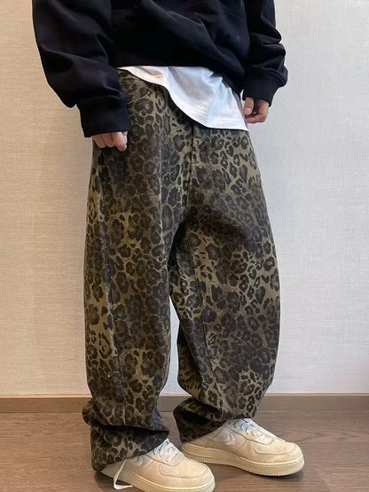Jeans Oversize Leopardo para Hombre – Pantalones Denim de Pierna Ancha, Streetwear Hip Hop Vintage, Casual con Estampado Animal