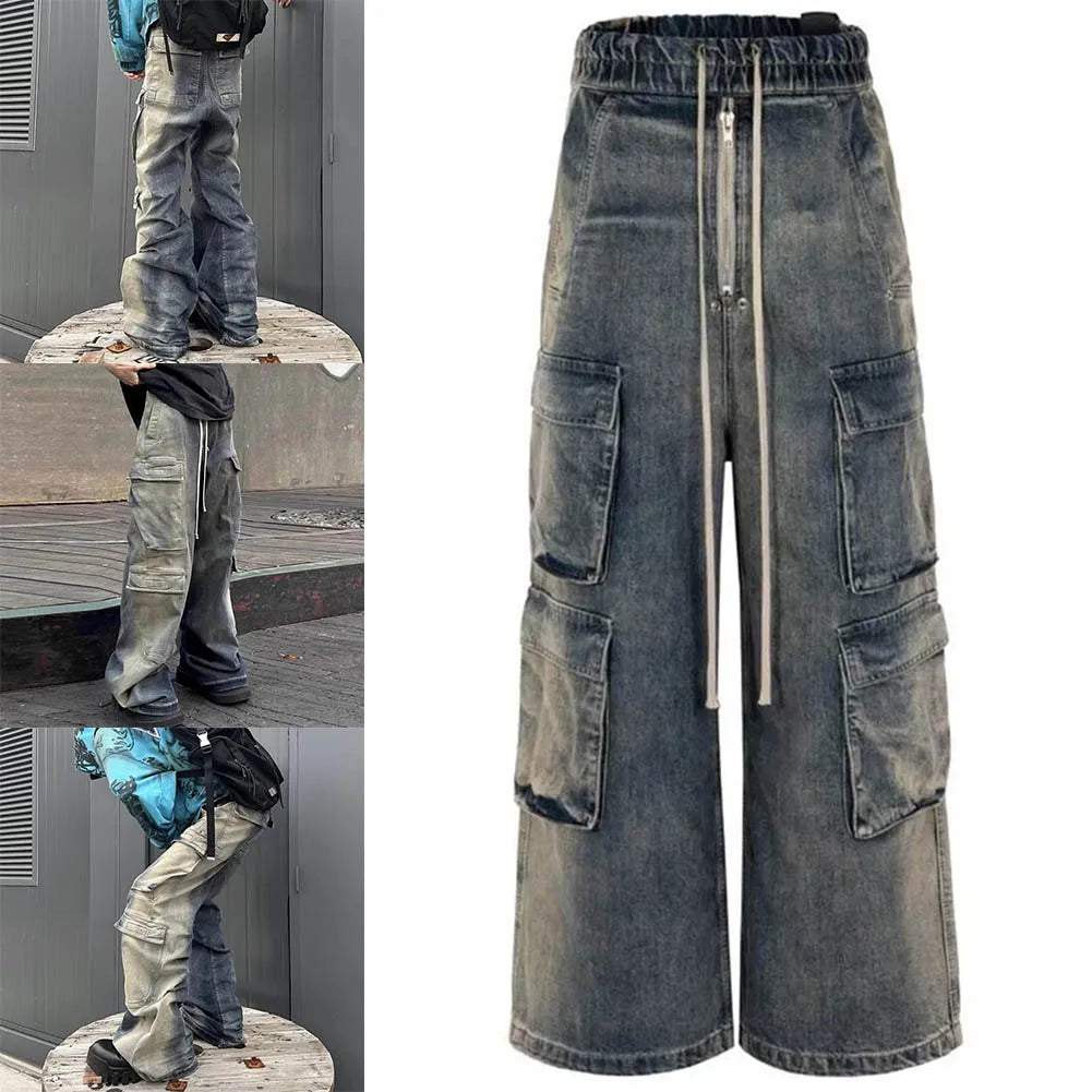 Pantalones Cargo Hombre Multibolsillos | Jeans Oversize Baggy con Cintas Degradadas y Cordón Ajustable Streetwear