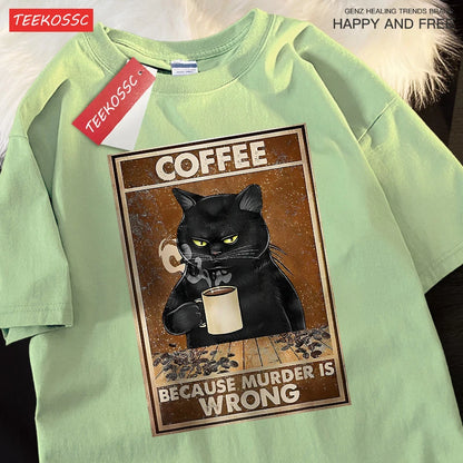 Camiseta Oversize “Because Murder Is Wrong” – T-shirt Black Cat, Algodón Transpirable, Streetwear Unisex, Manga Corta