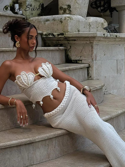 Conjunto Bikini Mujer 2025 | Crochet Hueco con Perlas Top y Falda Playa