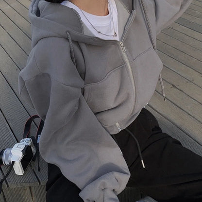 Hoodie Crop Top Oversize Mujer Y2K | Sudadera Zip Up Harajuku Casual con Cremallera