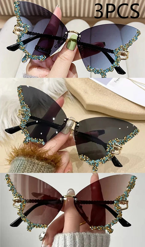 Gafas de Sol Mariposa Diamante Mujer | Vintage Y2K Oversized Rimless Eyewear de Lujo