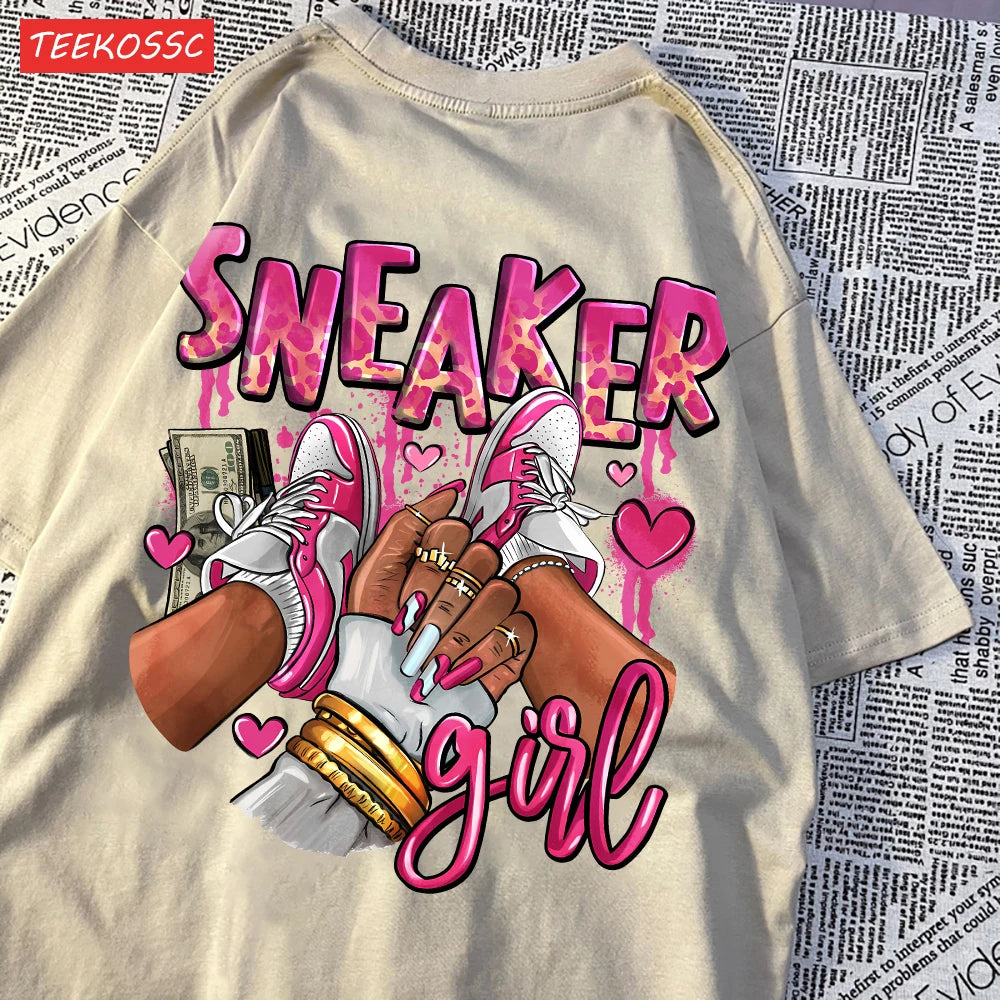 Camiseta Oversize Mujer Algodón | Estampado Zapatillas Rosas Casual Juvenil