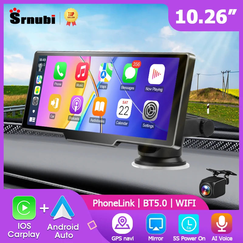 10.26" Carplay Screen for Car,Wireless CarPlay & Android Auto Multimedia Video Player,Universal Car Radio,BT AUX FM Car Stereo