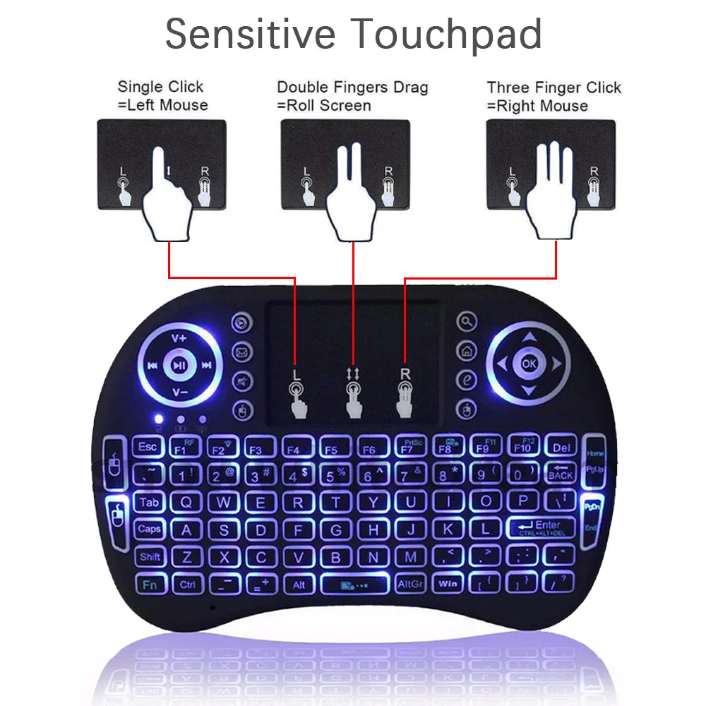 Mini Teclado Inalámbrico 2.4G con Touchpad y Retroiluminación – Air Mouse i8 Español Francés Ruso Árabe para PC, Smart TV, Android TV Box