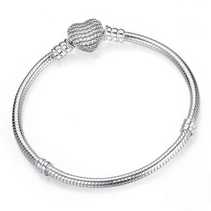 Pulsera corazón plata con circonias – Brazalete brillante de amor para mujer, joyería elegante compatible con charms