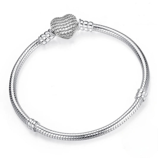 Pulsera corazón plata con circonias – Brazalete brillante de amor para mujer, joyería elegante compatible con charms