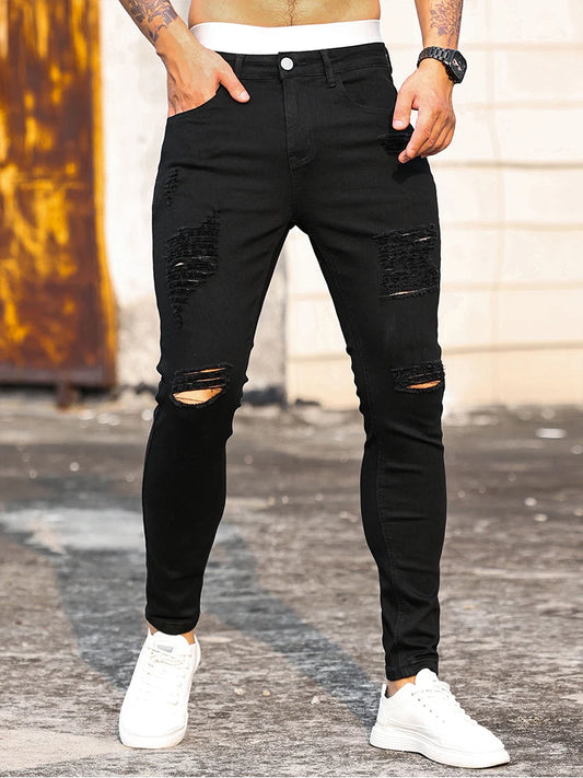 Jeans Negros Ajustados Hombre | Pantalón Skinny Ripped Stretch Moda Streetwear Club 2025