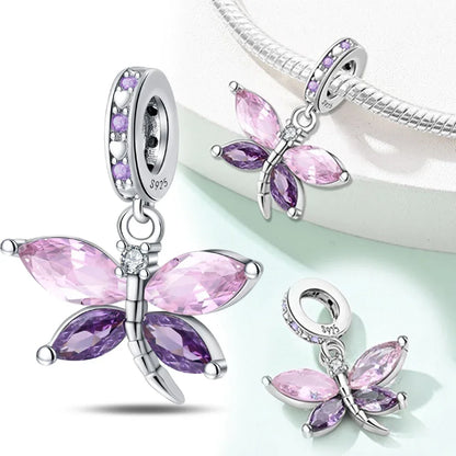 Charm Plata S925 Mariposa Libélula Flores con Gemas | Compatible Pulsera Pandora