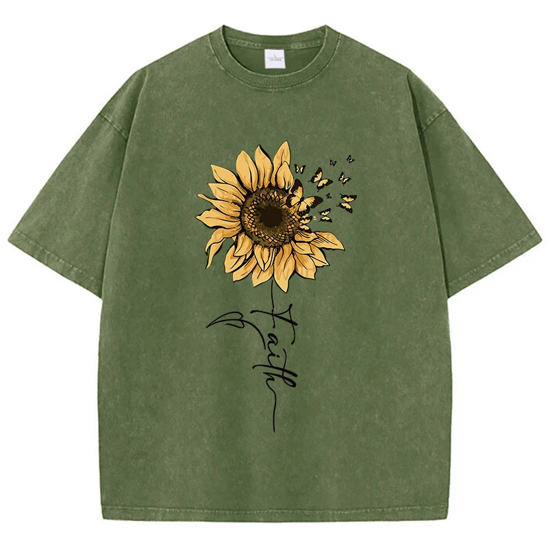 Camiseta Oversize Mujer Vintage Negra | Algodón Lavado Estampado Girasol y Mariposa