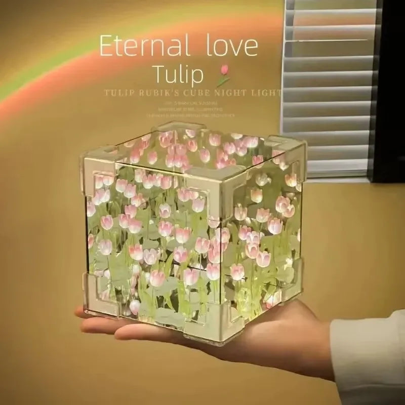 Lámpara cúbica DIY tulipán con espejo – Luz nocturna de mesa simulación flor para dormitorio