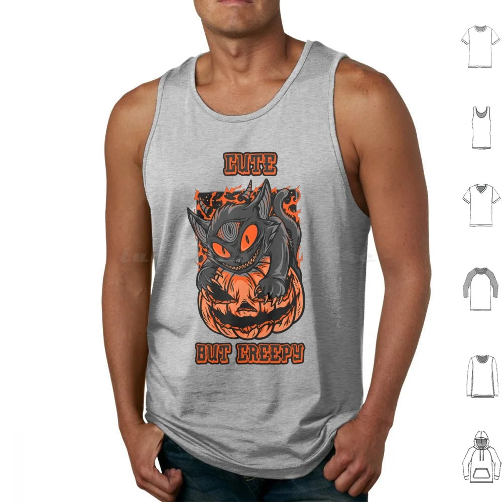 Camiseta Sin Mangas Psycho Cat y Calabaza – Algodón 100% Estilo Oversize Halloween Gótico para Hombre