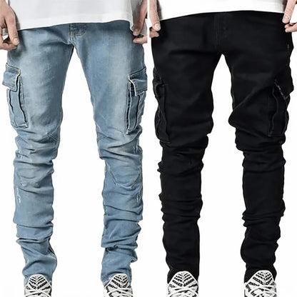 Jeans Cargo Hombre Slim Fit | Pantalón Denim Elástico con Bolsillos Múltiples Streetwear Casual