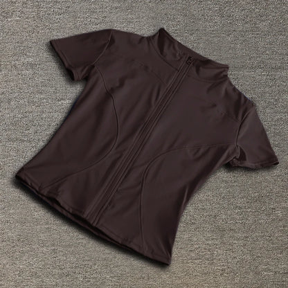 Camiseta Deportiva Mujer Verano | Top Slim Fit Secado Rápido Cuello Alto Cremallera Completa Yoga & Fitness