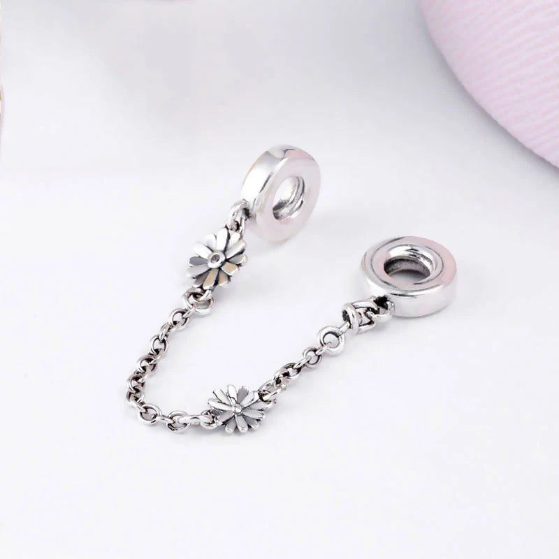 Cadena de seguridad plata 925 con charms mariposa, margarita, gato, oso y castillo – Compatible con pulsera Pandora mujer