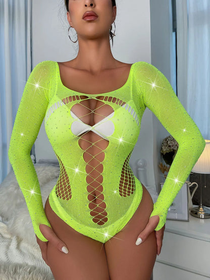 Body Mujer 2025 | Lencería Sexy de Malla Brillante con Rhinestones y Manga Larga