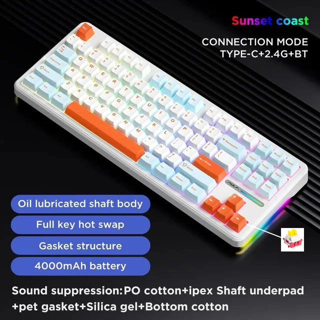 Teclado Mecánico AULA F87Pro – 87 Teclas, Triple Modo (USB/2.4G/Bluetooth), RGB, Hot-Swap y Batería 4000mAh
