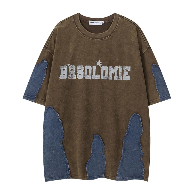 Camiseta Oversize Hombre Hi Street | T-Shirt Estampada con Parches Denim Hip Hop Streetwear 2025