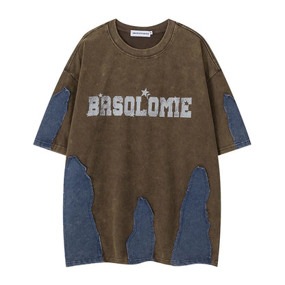 Camiseta Oversize Hombre Hi Street | T-Shirt Estampada con Parches Denim Hip Hop Streetwear 2025