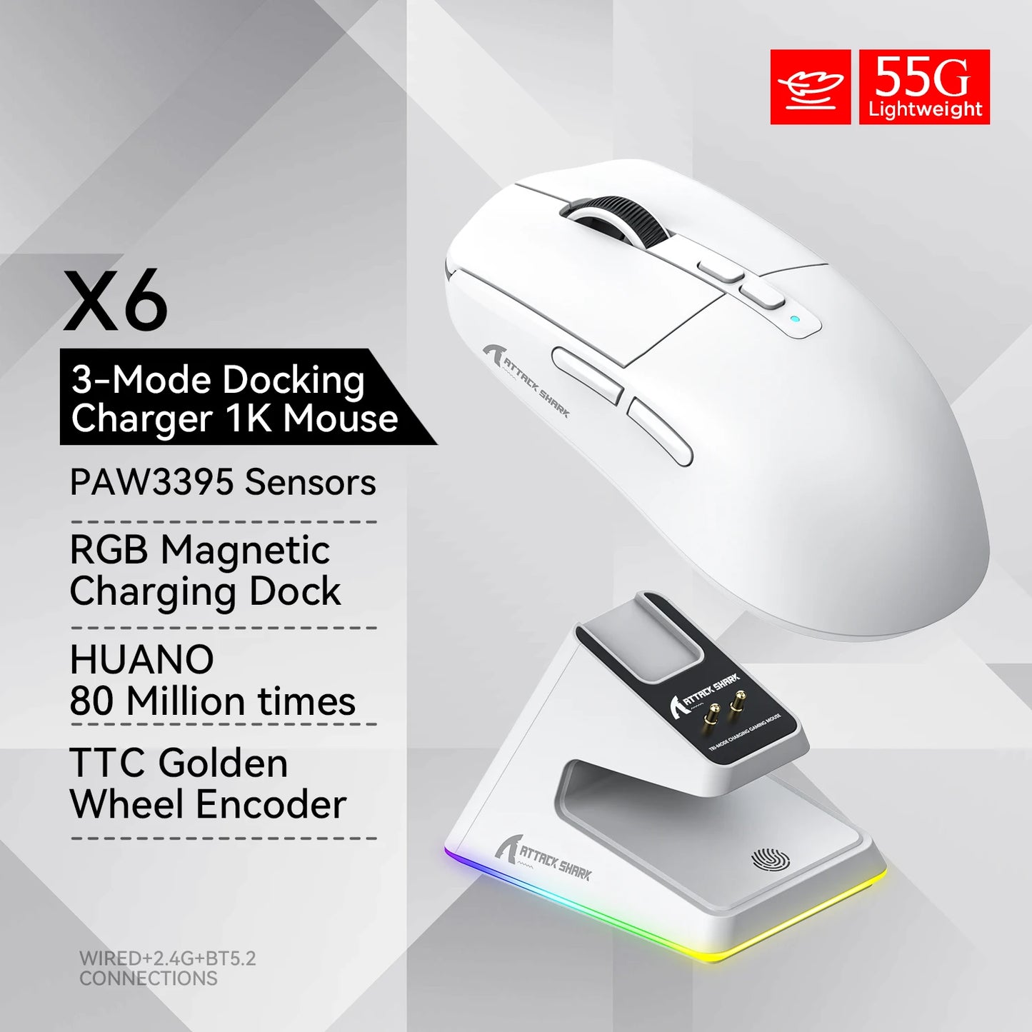 Attack Shark X6 Gaming Mouse – PAW3395, Tri-Mode Bluetooth/2.4G/Wired, RGB Base Magnética de Carga