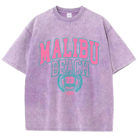 Camiseta Oversize Malibu Beach | T-Shirt Algodón Estampado Letras Estilo Lavado