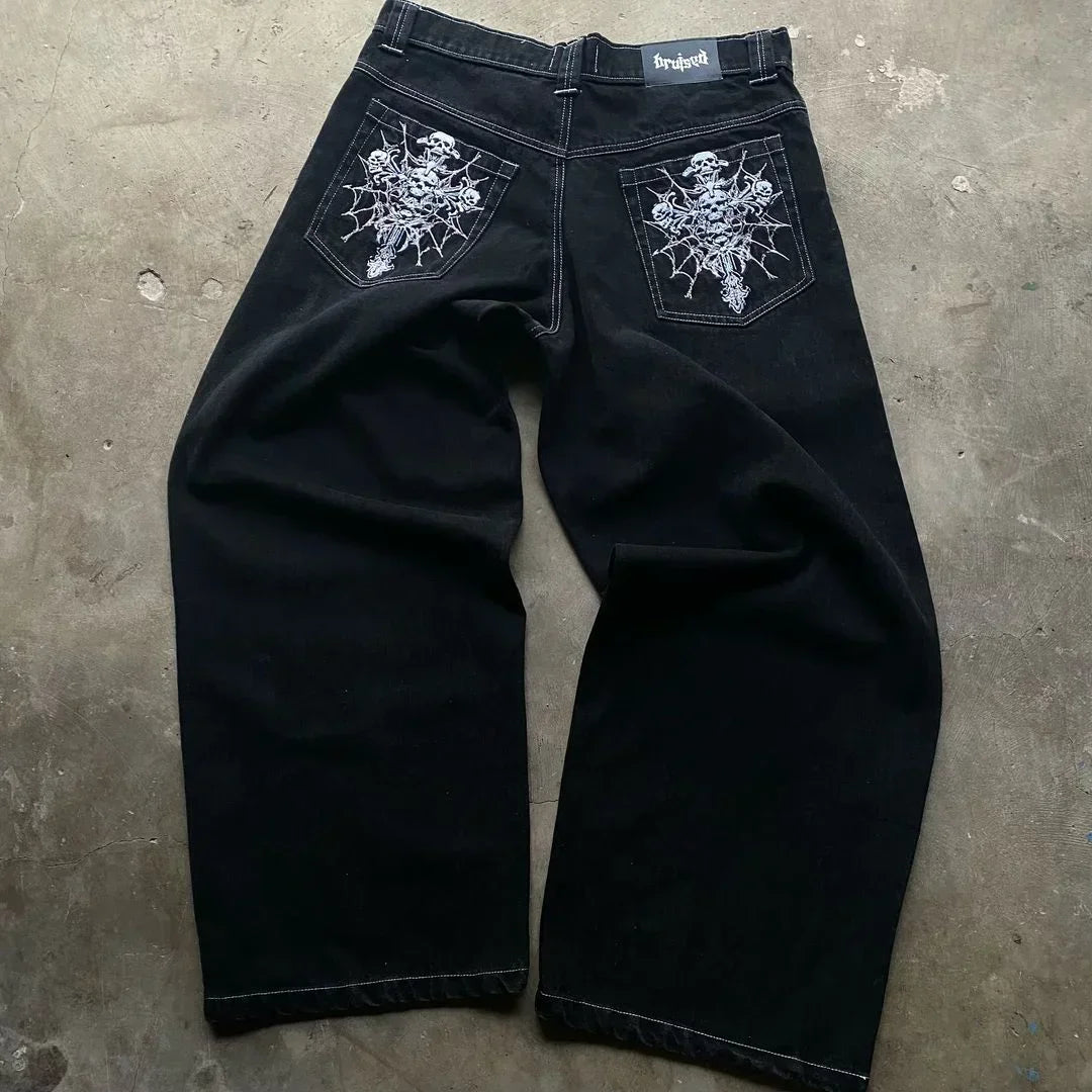 Jeans Oversize Hombre Y2K Gótico Rock | Pantalones Anchos Estampado Calavera Skeleton Streetwear Hip Hop Harajuku