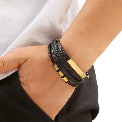 Pulsera de Cuero PU Multicapa para Hombre – Cierre Magnético con Tubo Metálico Dorado, Joyería Hip Hop de Moda Masculina