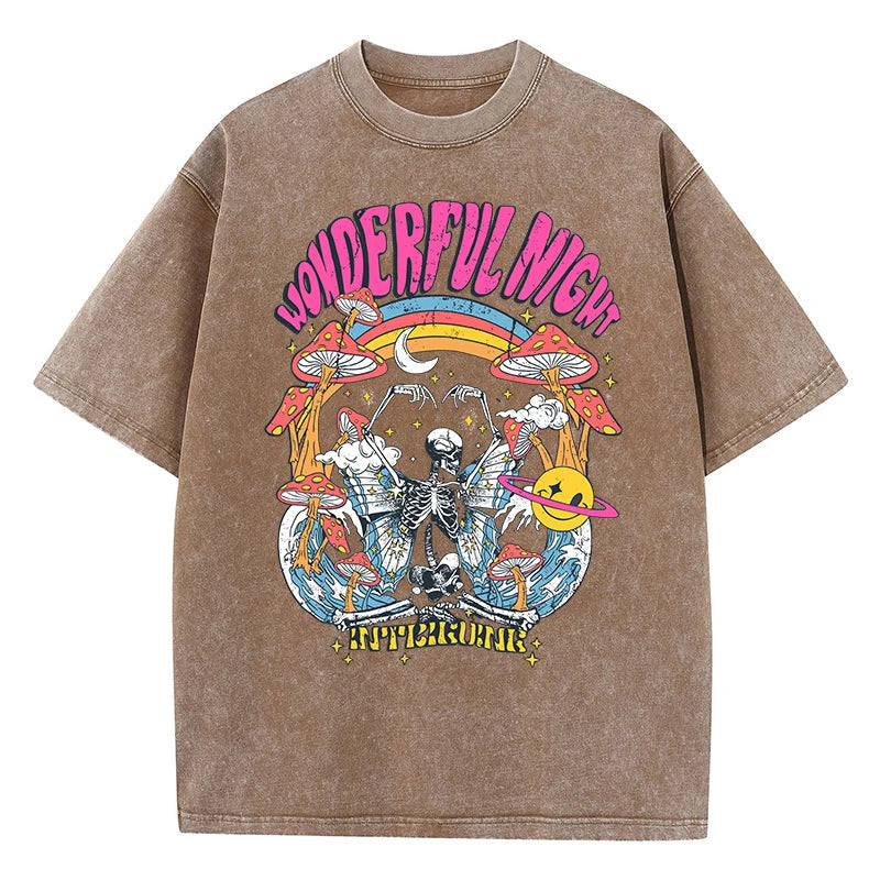Camiseta Oversize Mujer Vintage | Estampado Esqueleto Mariposa Olas Streetwear