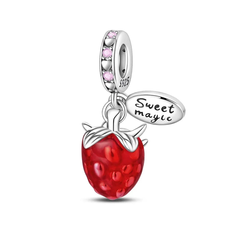 Charms de Plata 925 Frutas (Fresa, Cereza, Manzana y Aguacate) – Abalorios Coloridos para Pulseras Originales
