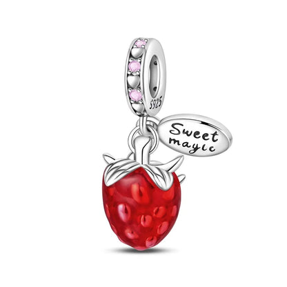 Charms de Plata 925 Frutas (Fresa, Cereza, Manzana y Aguacate) – Abalorios Coloridos para Pulseras Originales