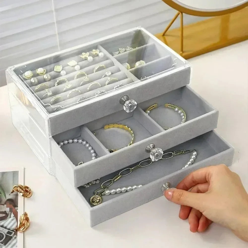Joyero de Terciopelo y Acrílico con 3 Cajones Apilables | Organizador de Joyería para Collares, Pulseras y Aretes