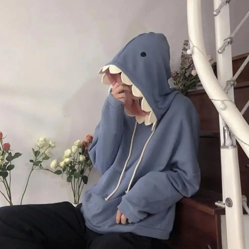 Hoodie Oversize Tiburón Patchwork Unisex | Sudadera Kawaii Casual Otoño Invierno