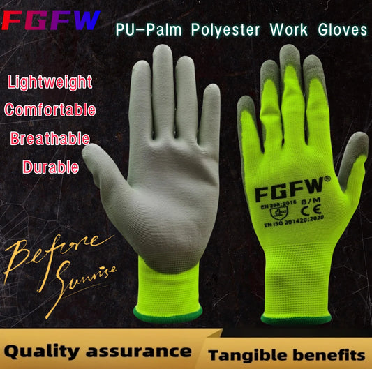 10 Pares Guantes de Trabajo PU 🧤 Antideslizantes, Resistentes y Ligeros – Guantes de Seguridad Certificados EN 388/ISO20471 (Tallas S/M/L/XL)