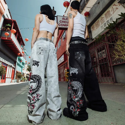 Jeans Baggy Bordados Hombre | Pantalones Oversize Y2K Hip Hop Streetwear Harajuku Cintura Alta Pierna Ancha