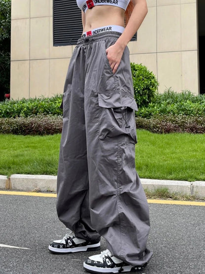 Pantalón Parachute Negro Mujer Y2K | Cargo Oversize Bolsillos Streetwear Harajuku