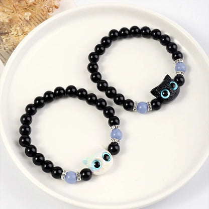 Pulsera de Pareja con Gato Luminoso – Brazalete de Cuentas Negro y Blanco para Amistad o Amor