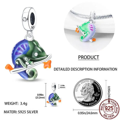 Charm camaleón y luciérnaga que brilla en la oscuridad – Plata 925 para pulsera tipo Pandora, joyería DIY única