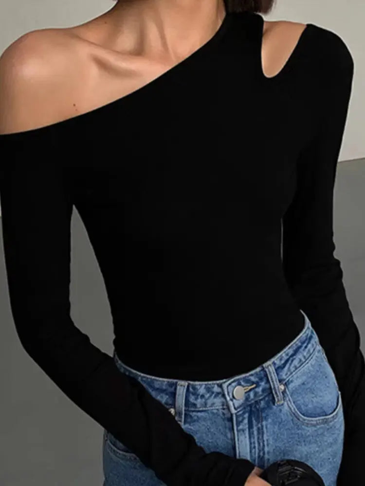 Top Mujer Sexy Escote Asimétrico | Camiseta Manga Larga Off Shoulder Slim Crop Primavera