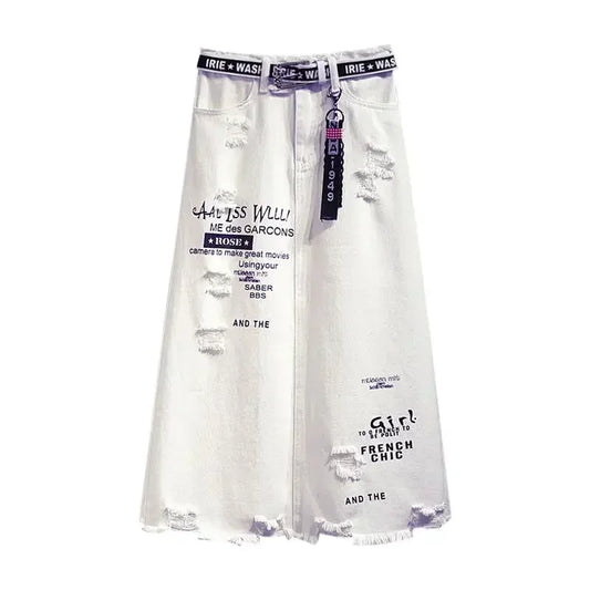 Falda Larga Mujer Denim Blanca | Estilo Coreano Oversize con Estampado Letras